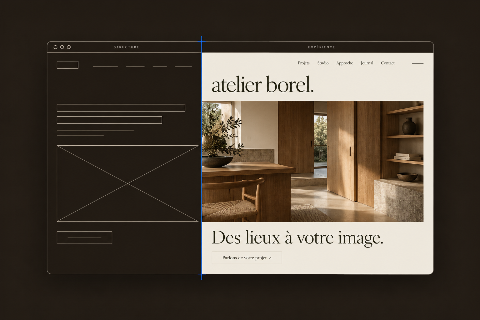 Projet Atelier Borel : à gauche, la structure d’une page dessinée au trait ; à droite, le site abouti avec son identité, sa photographie et son invitation à prendre contact.